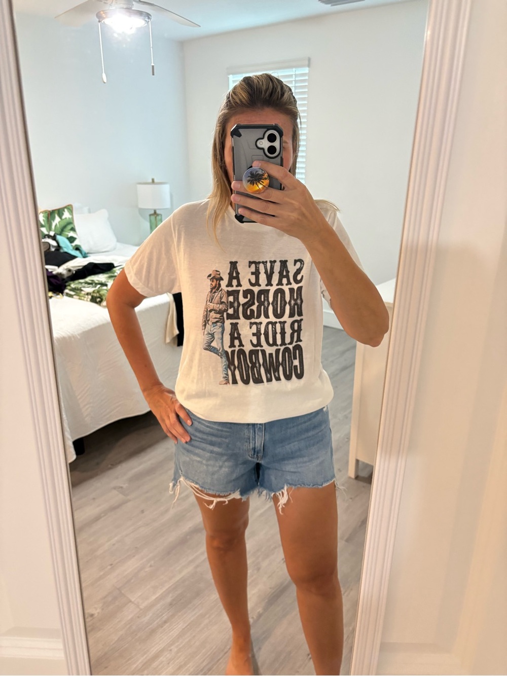 Graphic “Save a horse ride a Cowboy” Slogan Tee - White